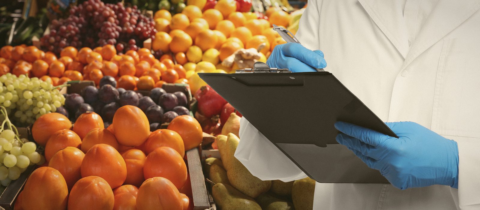 Food safety inspector with a clipboard checking a fruit and vegetable stall